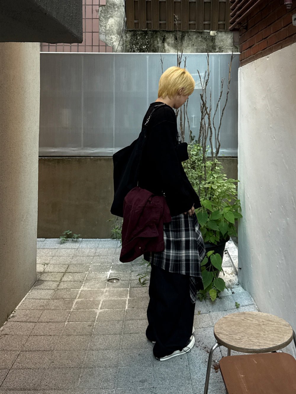 格紋層次 打摺 寬版 棉質 長褲 / 2色 - WHATEVER STUDIO