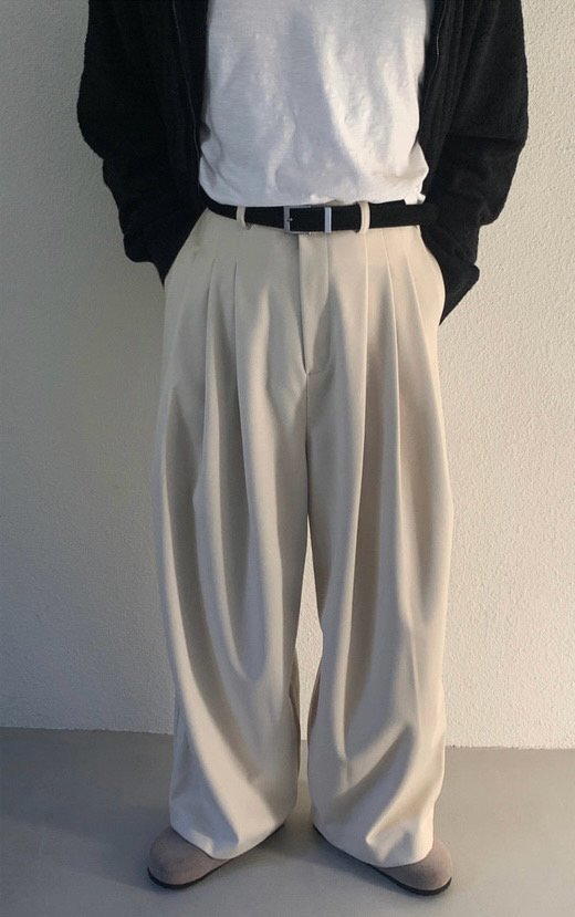 三褶 垂墜 羊毛混紡 寬版 落地 西裝褲 / 2色 - WHATEVER STUDIO