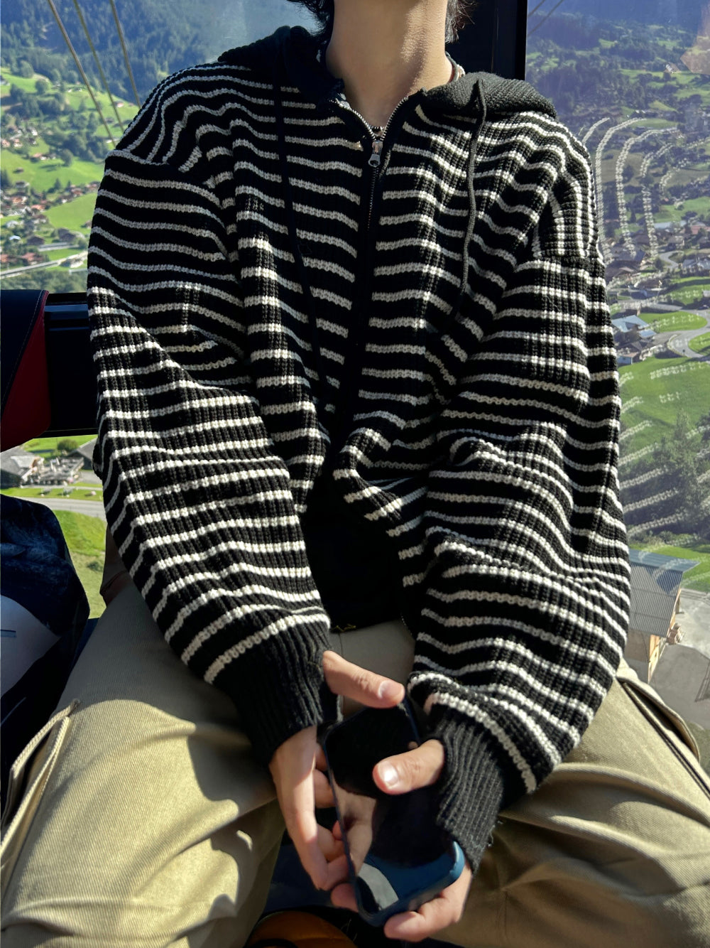 雙拉鍊 條紋 連帽 針織 外套 / 3色