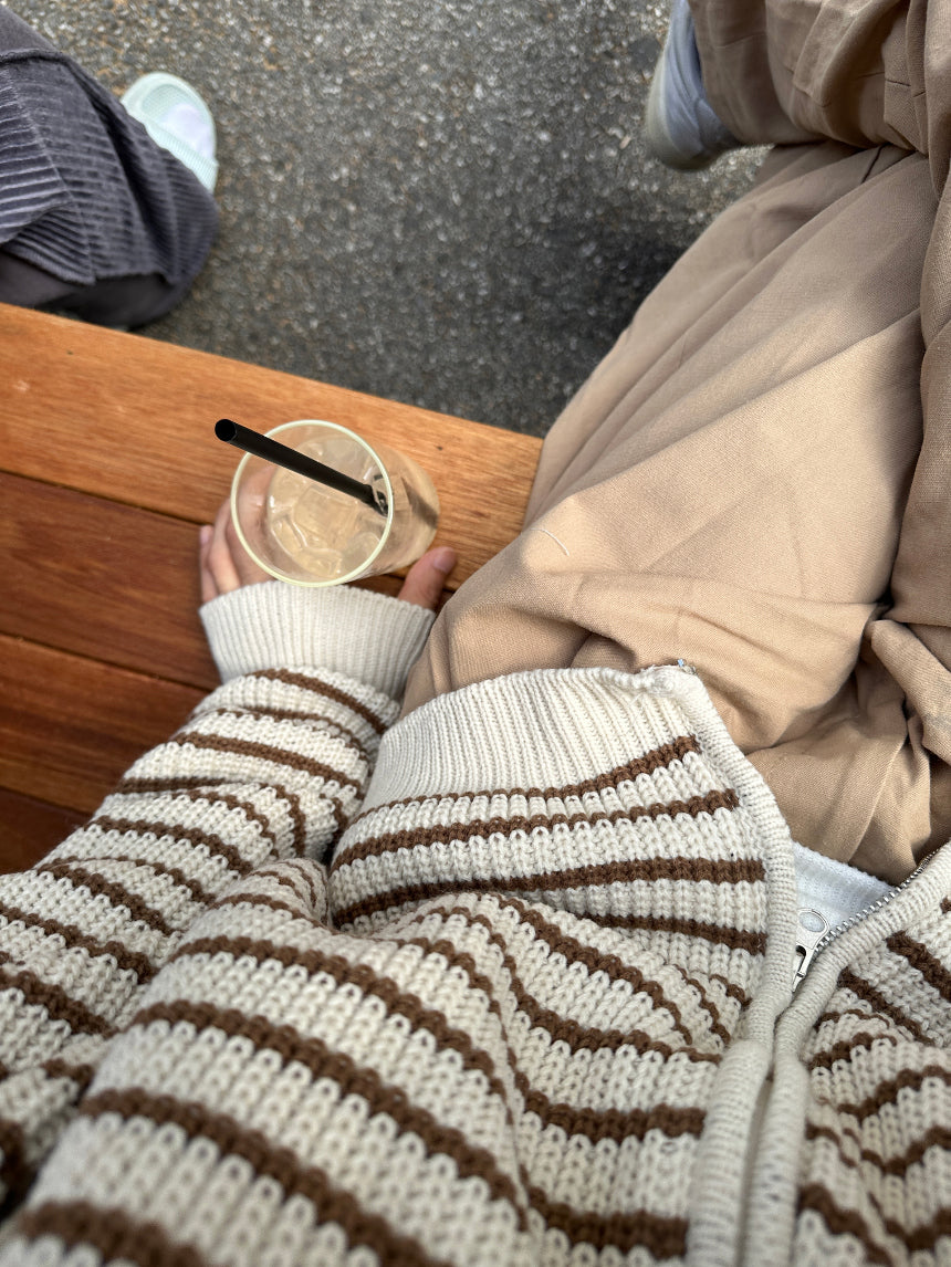 雙拉鍊 條紋 連帽 針織 外套 / 3色