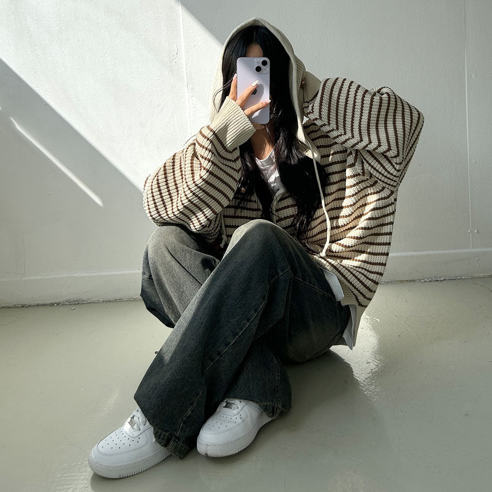 雙拉鍊 條紋 連帽 針織 外套 / 3色