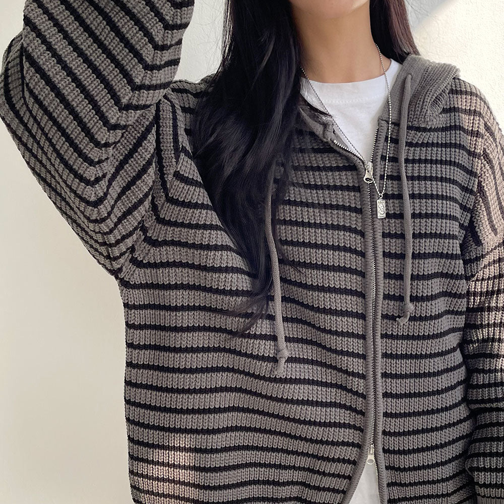 雙拉鍊 條紋 連帽 針織 外套 / 3色