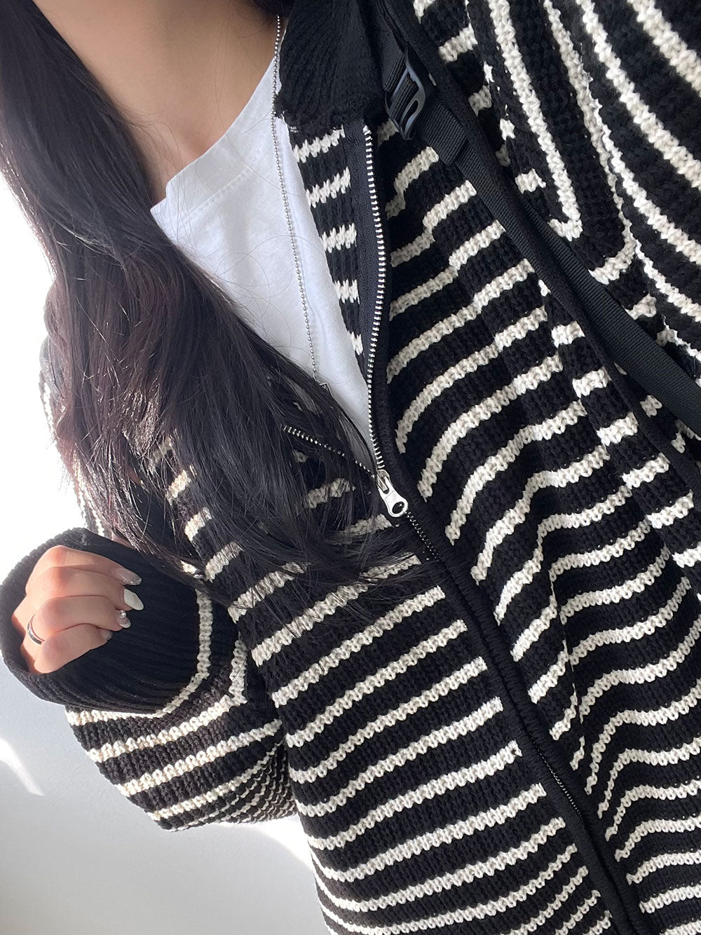 雙拉鍊 條紋 連帽 針織 外套 / 3色