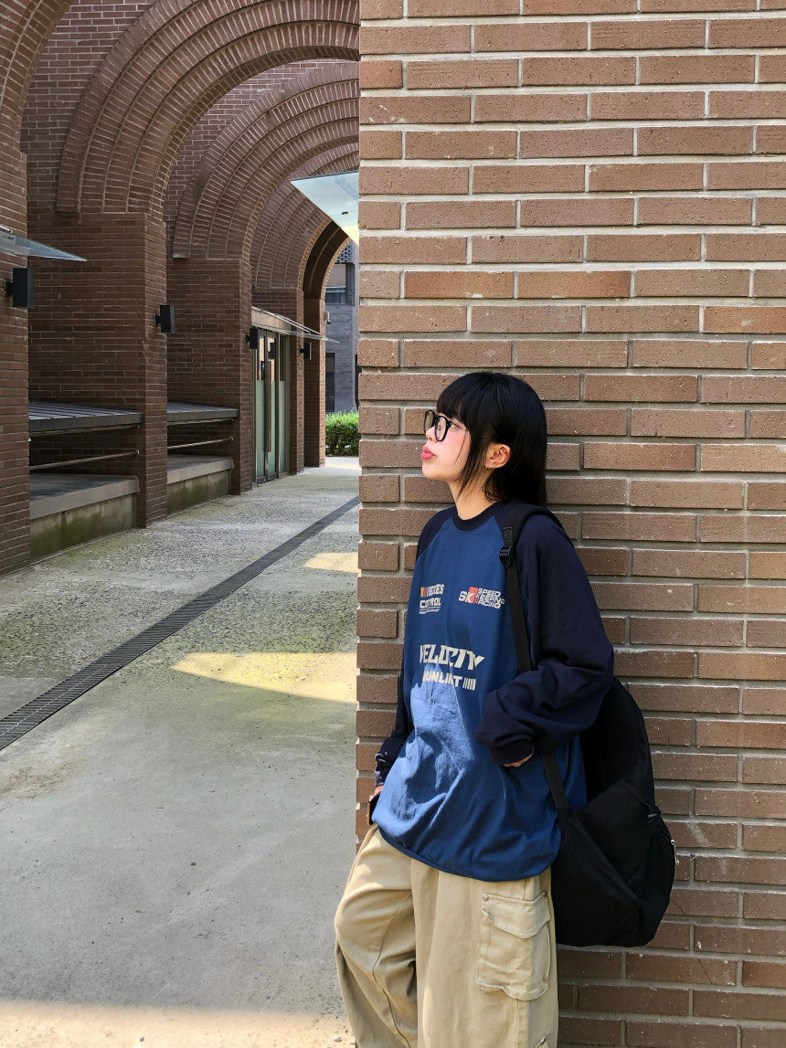 復古 賽車風 插肩袖 長袖上衣 / 4色