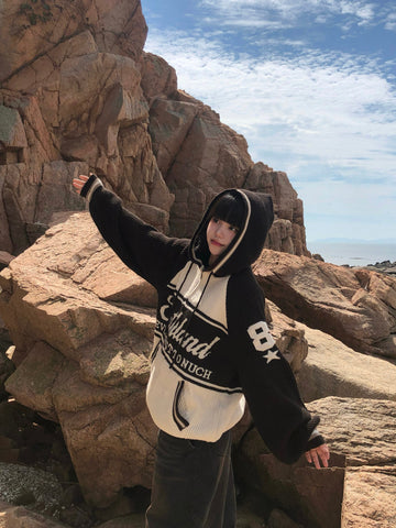 美式 復古 插肩袖 針織 連帽外套 / 2色