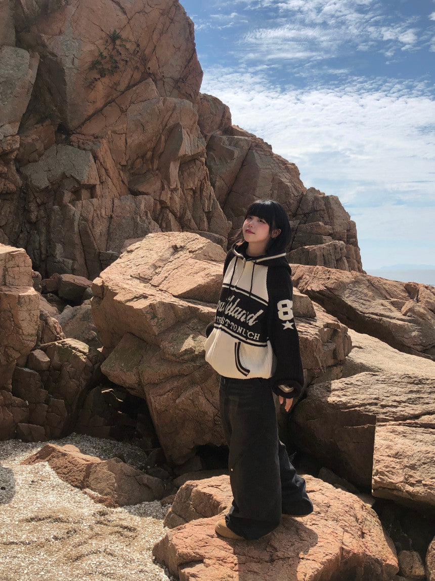 美式 復古 插肩袖 針織 連帽外套 / 2色