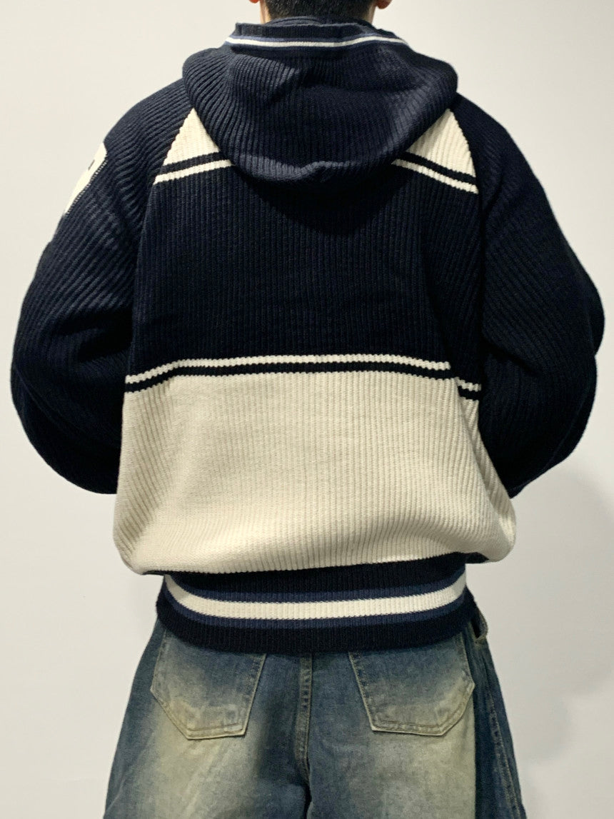 美式 復古 插肩袖 針織 連帽外套 / 2色