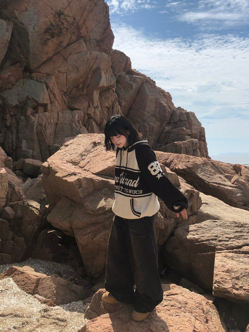 美式 復古 插肩袖 針織 連帽外套 / 2色