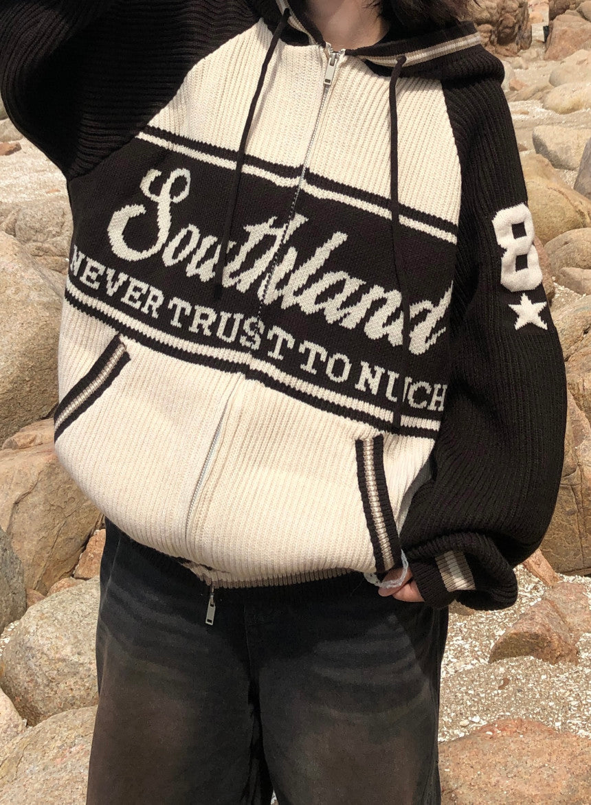 美式 復古 插肩袖 針織 連帽外套 / 2色