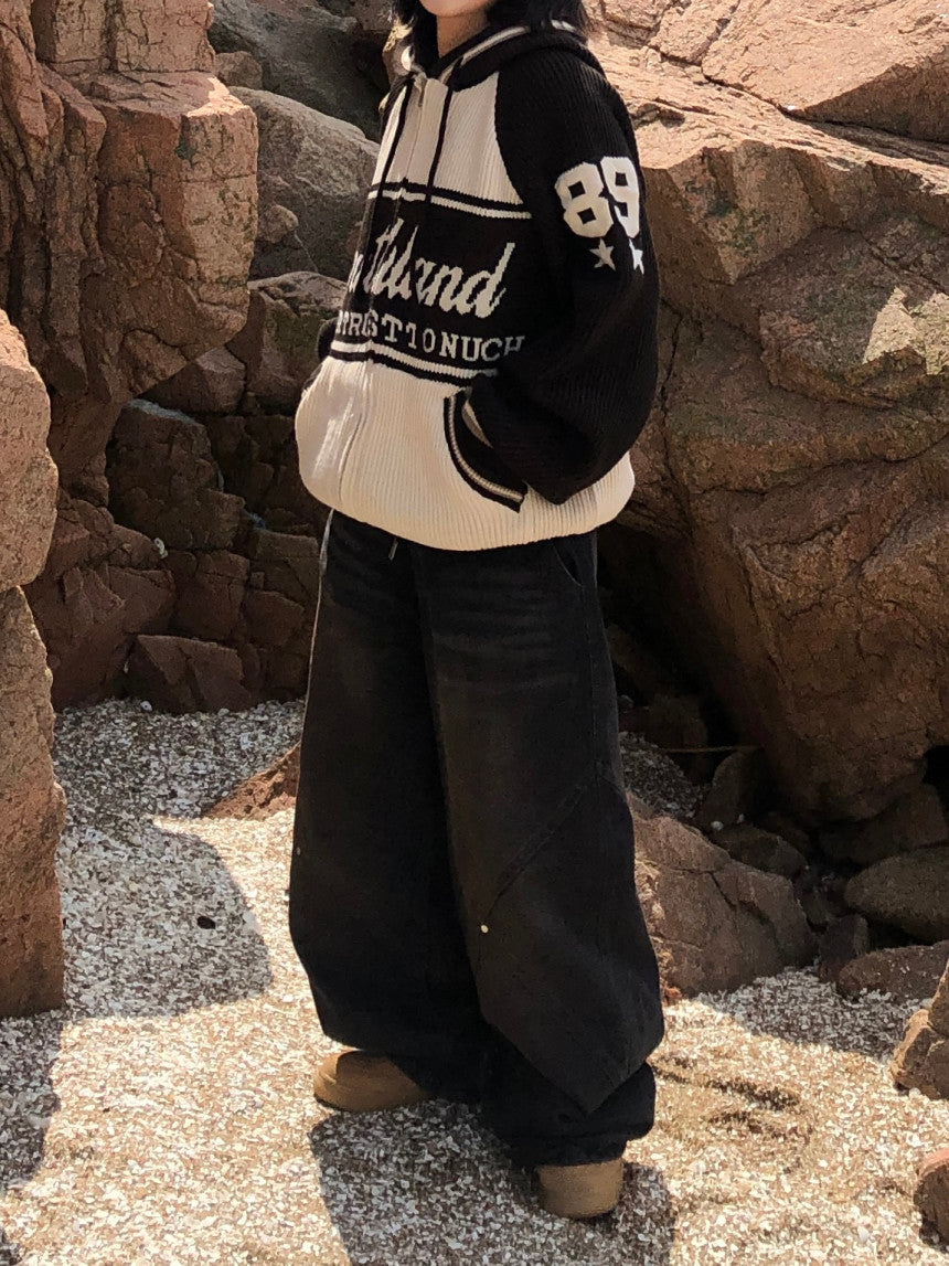 美式 復古 插肩袖 針織 連帽外套 / 2色