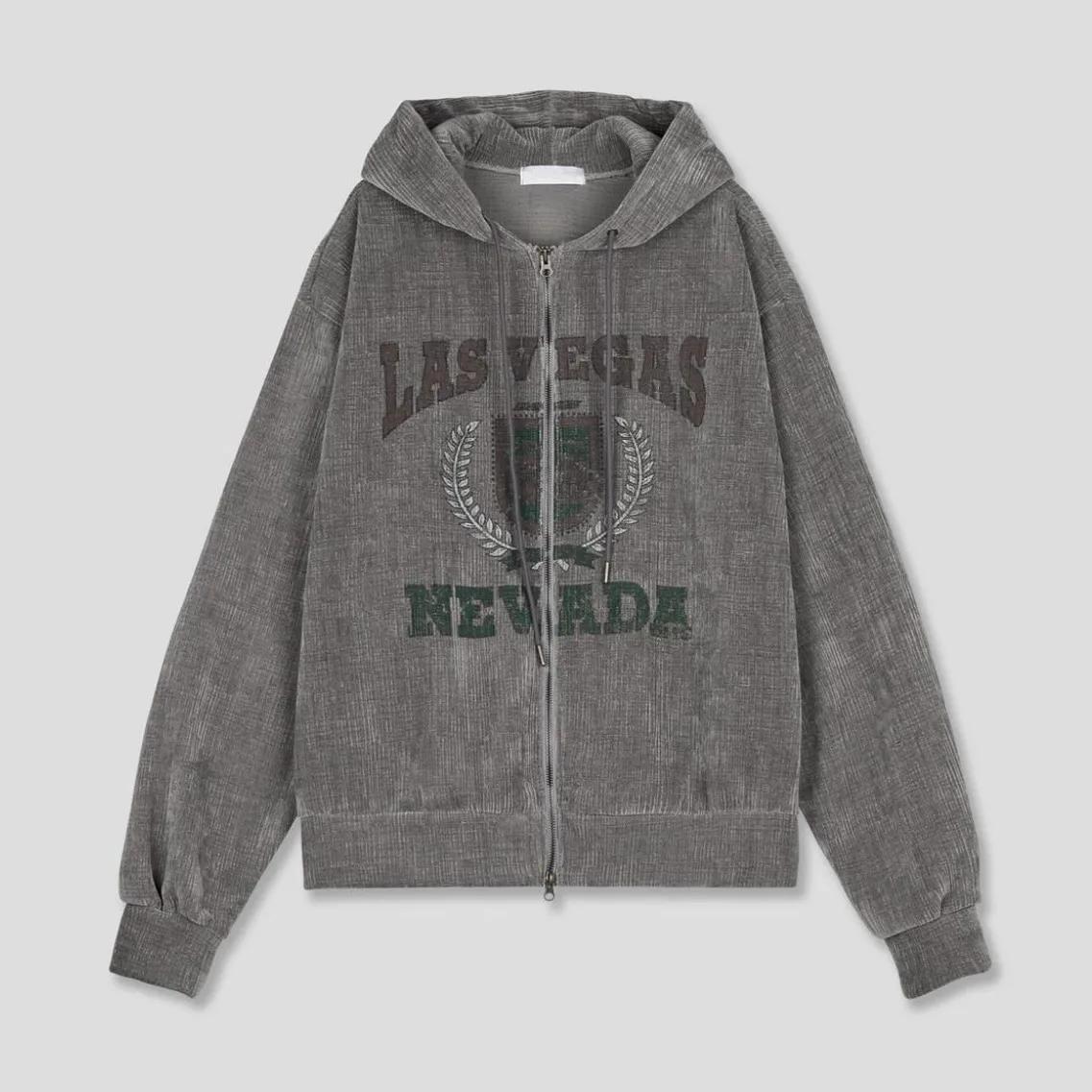 美式 復古 學院風 燈芯絨 刺繡 雙拉鍊 連帽外套