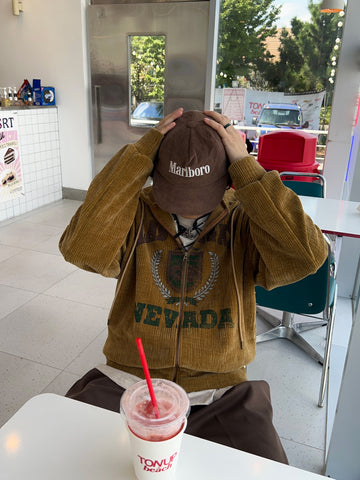 美式 復古 學院風 燈芯絨 刺繡 雙拉鍊 連帽外套