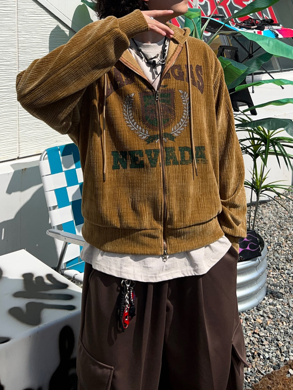 美式 復古 學院風 燈芯絨 刺繡 雙拉鍊 連帽外套