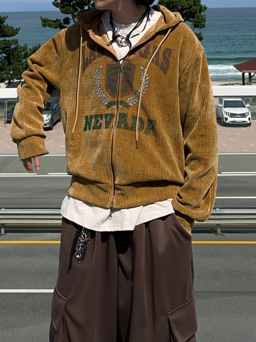 美式 復古 學院風 燈芯絨 刺繡 雙拉鍊 連帽外套