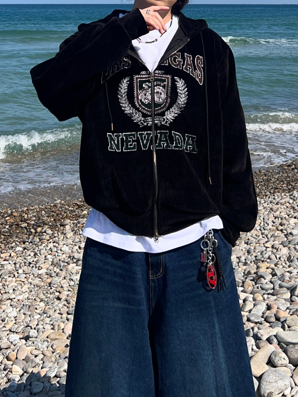 美式 復古 學院風 燈芯絨 刺繡 雙拉鍊 連帽外套