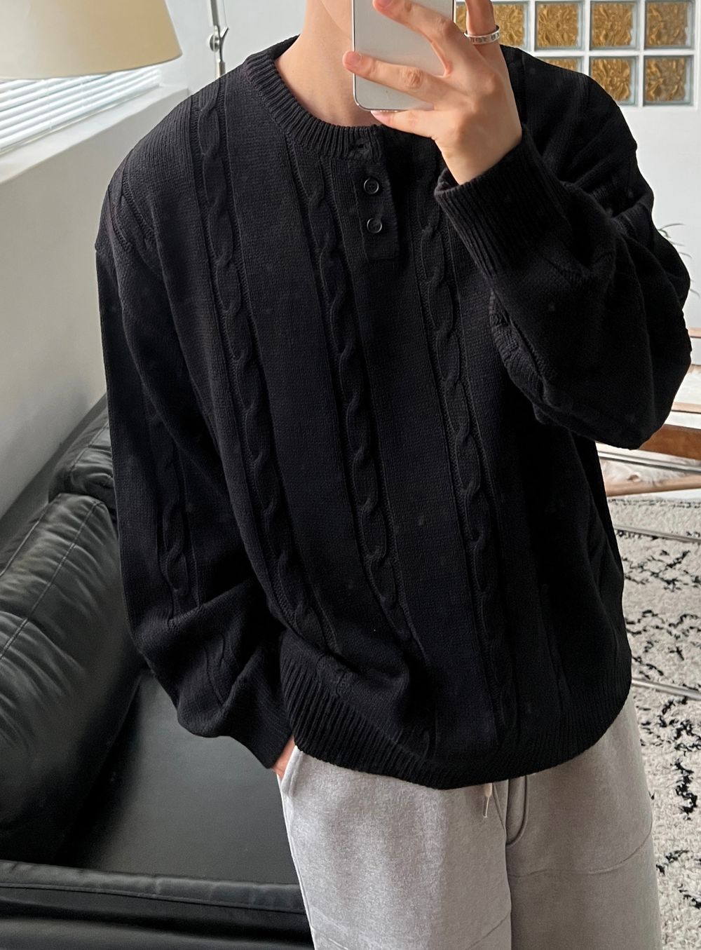 寬鬆 落肩 羅紋 亨利領 針織衫 / 5色