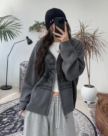 星星 字母印花 雙拉鍊 連帽 針織外套 / 4色