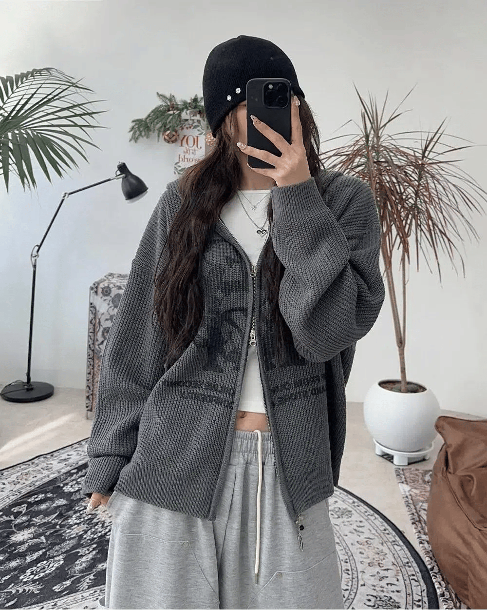 星星 字母印花 雙拉鍊 連帽 針織外套 / 4色