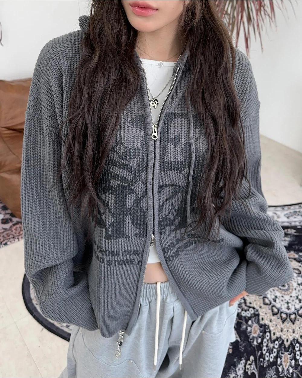 星星 字母印花 雙拉鍊 連帽 針織外套 / 4色