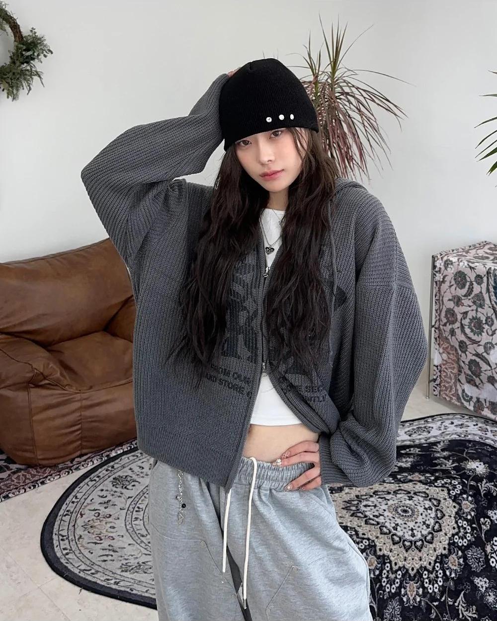 星星 字母印花 雙拉鍊 連帽 針織外套 / 4色