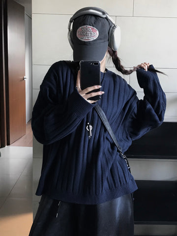 寬鬆 直坑條紋 圓領 針織上衣 / 5色