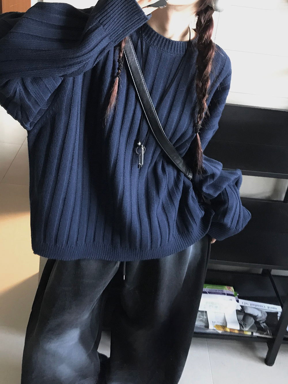 寬鬆 直坑條紋 圓領 針織上衣 / 5色