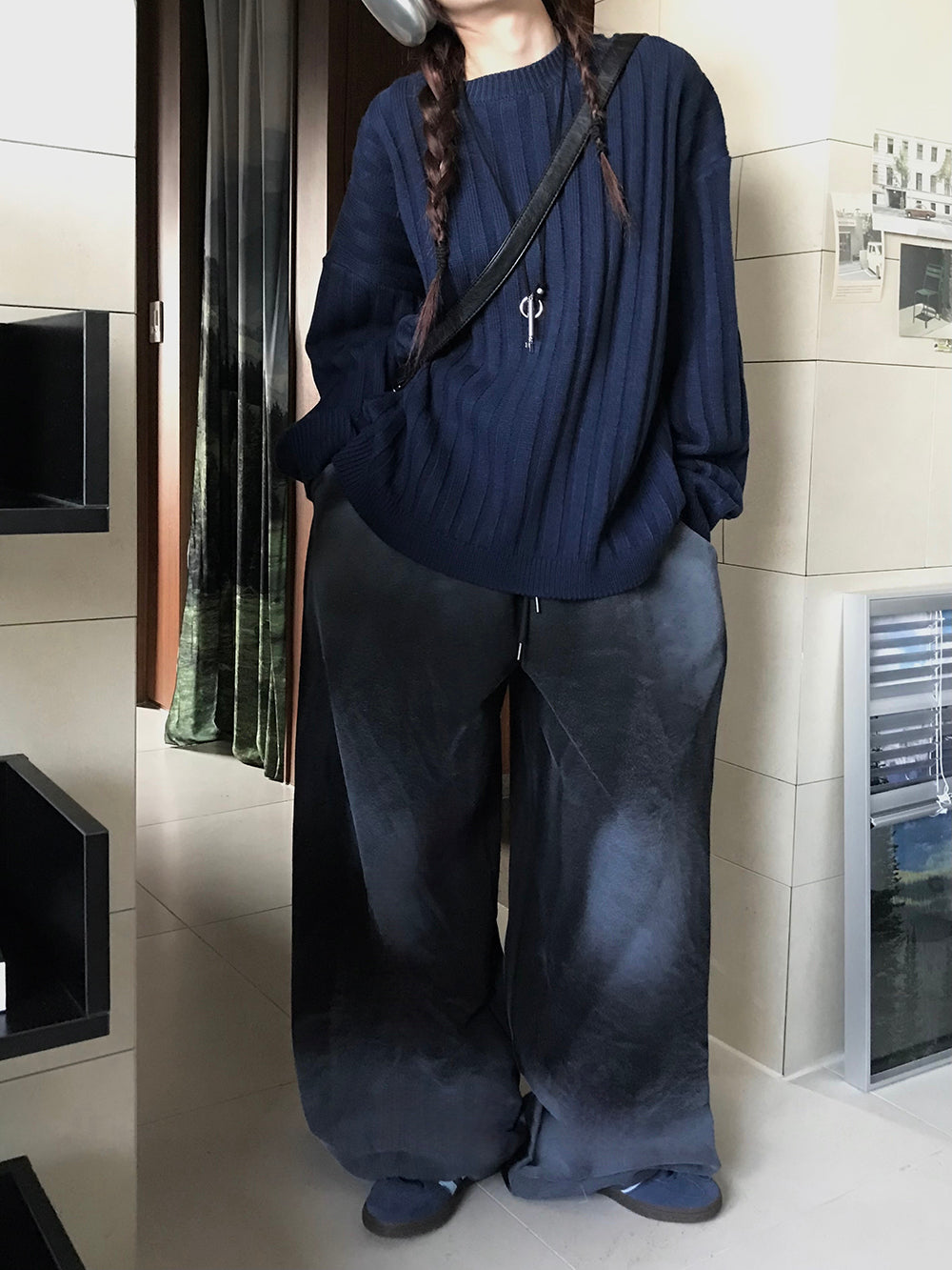 寬鬆 直坑條紋 圓領 針織上衣 / 5色