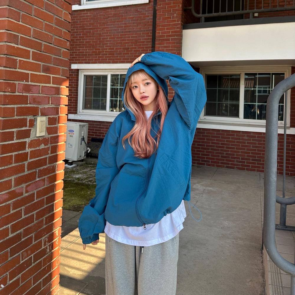 寬鬆 雙拉鍊 抽繩 連帽 風衣外套 / 4色