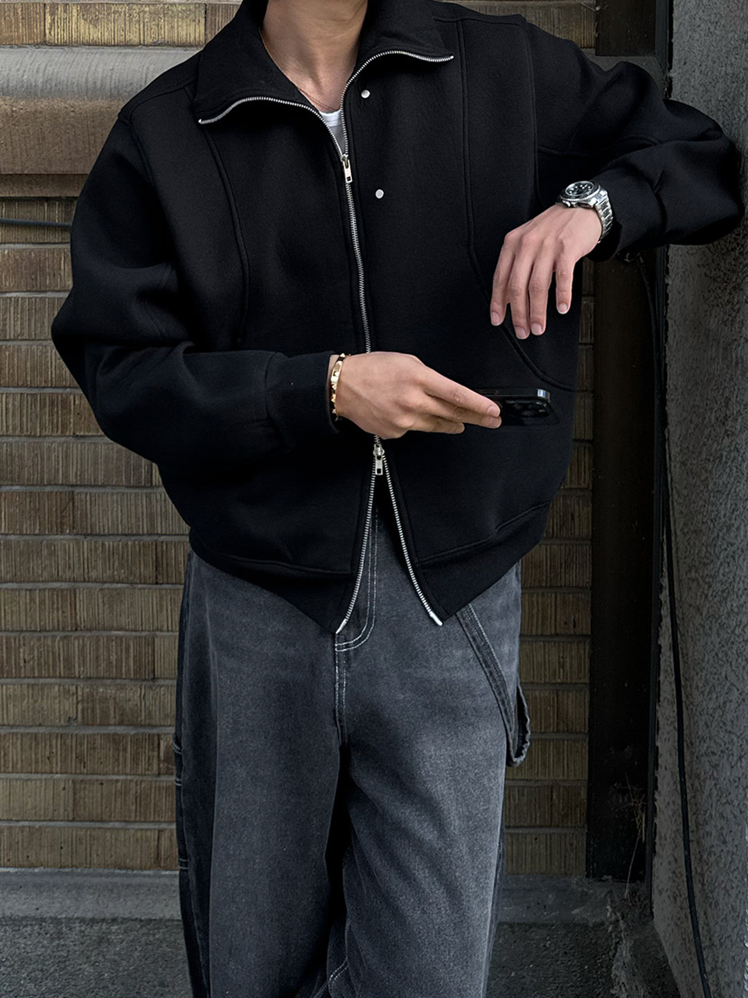 曲線剪裁 鉚釘 高領 外套 / 3色