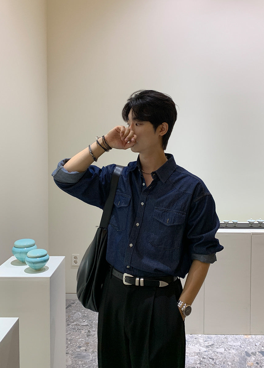 西部風 線條 丹寧 襯衫 / 2色