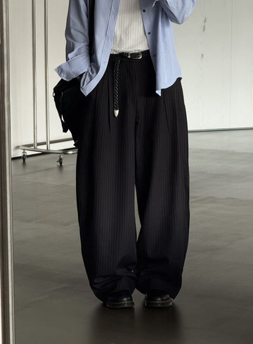 弧形 條紋 打褶 彎刀 西裝褲 / 2 色