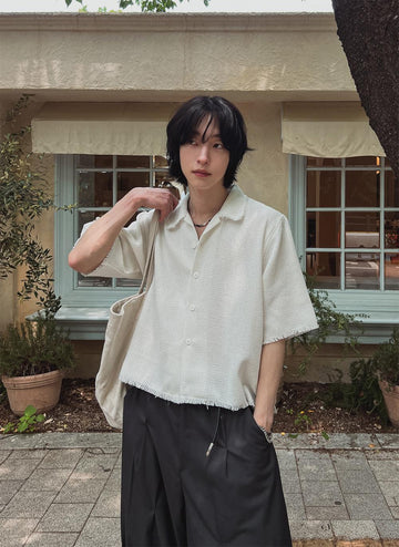 粗花呢 抽鬚 五分袖 短版 襯衫 / 2色