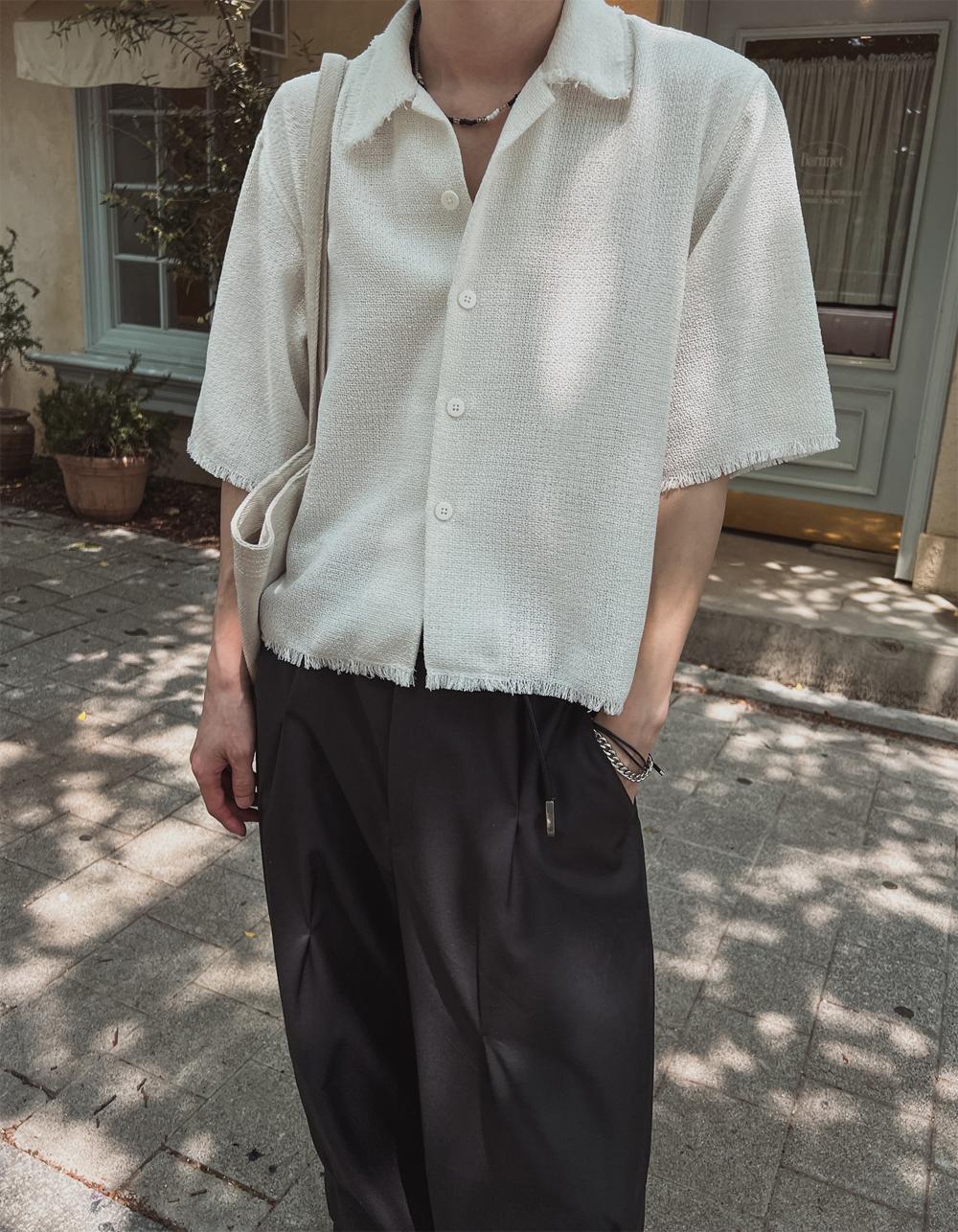 粗花呢 抽鬚 五分袖 短版 襯衫 / 2色