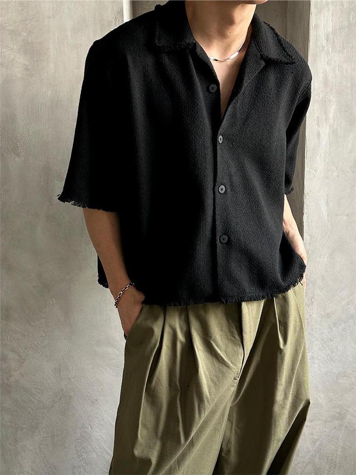 粗花呢 抽鬚 五分袖 短版 襯衫 / 2色