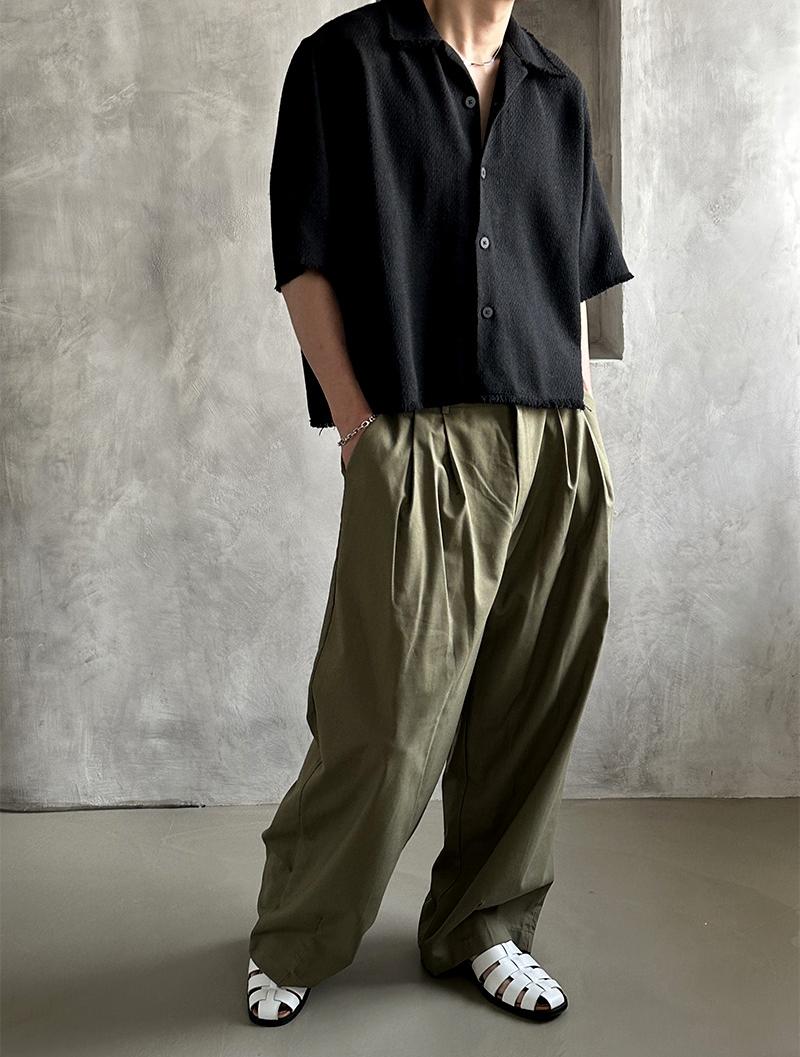 粗花呢 抽鬚 五分袖 短版 襯衫 / 2色