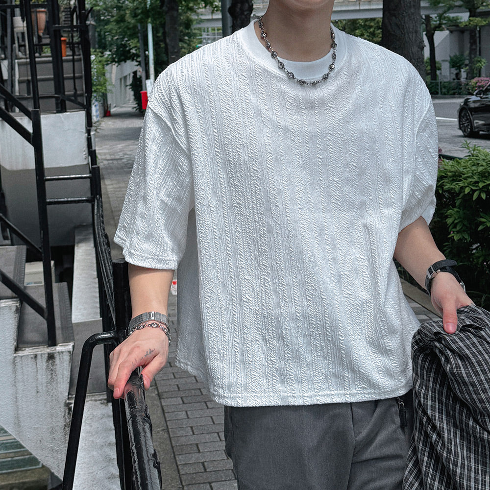 木紋 提花 寬短 短袖 上衣 / 3色