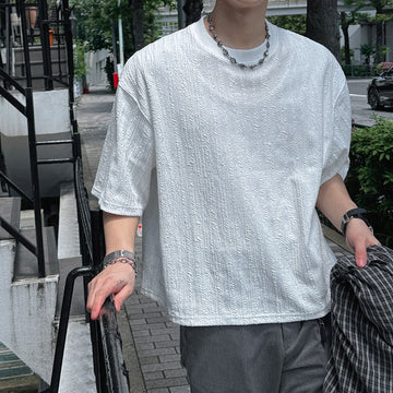 木紋 提花 寬短 短袖 上衣 / 3色