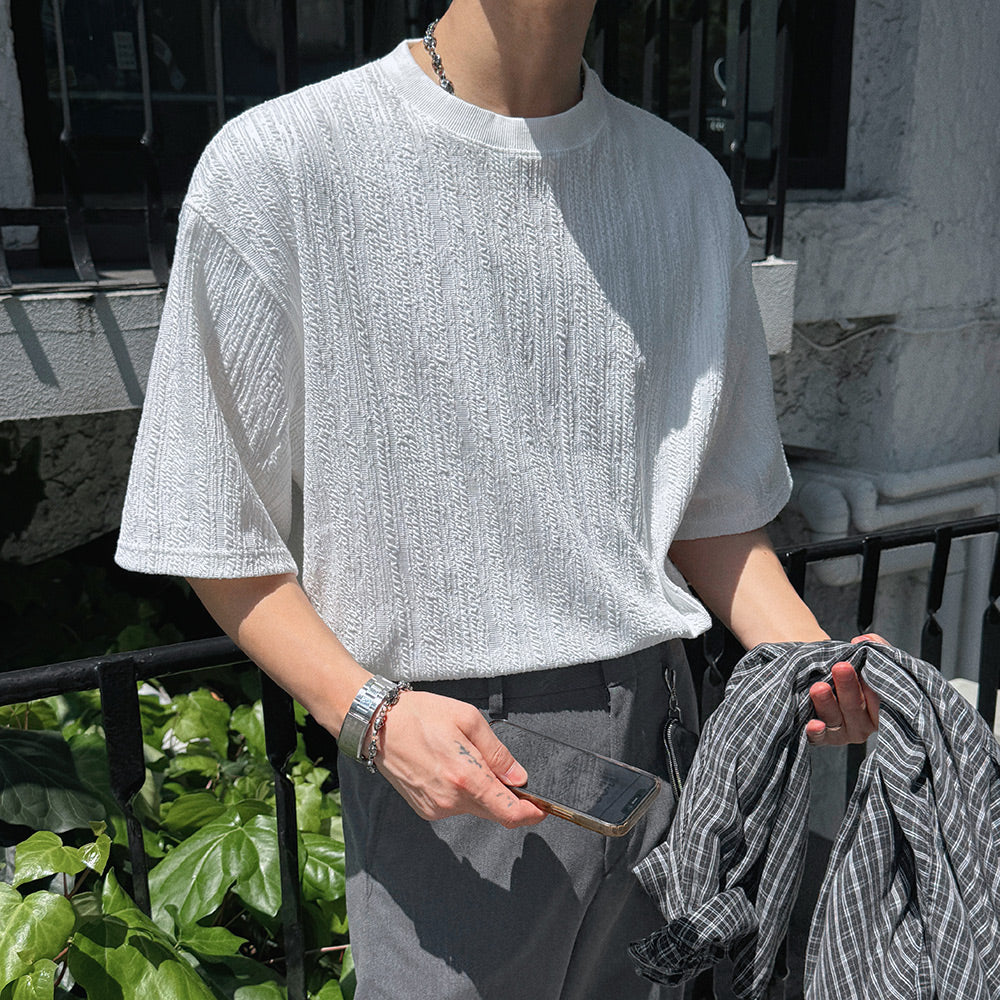 木紋 提花 寬短 短袖 上衣 / 3色