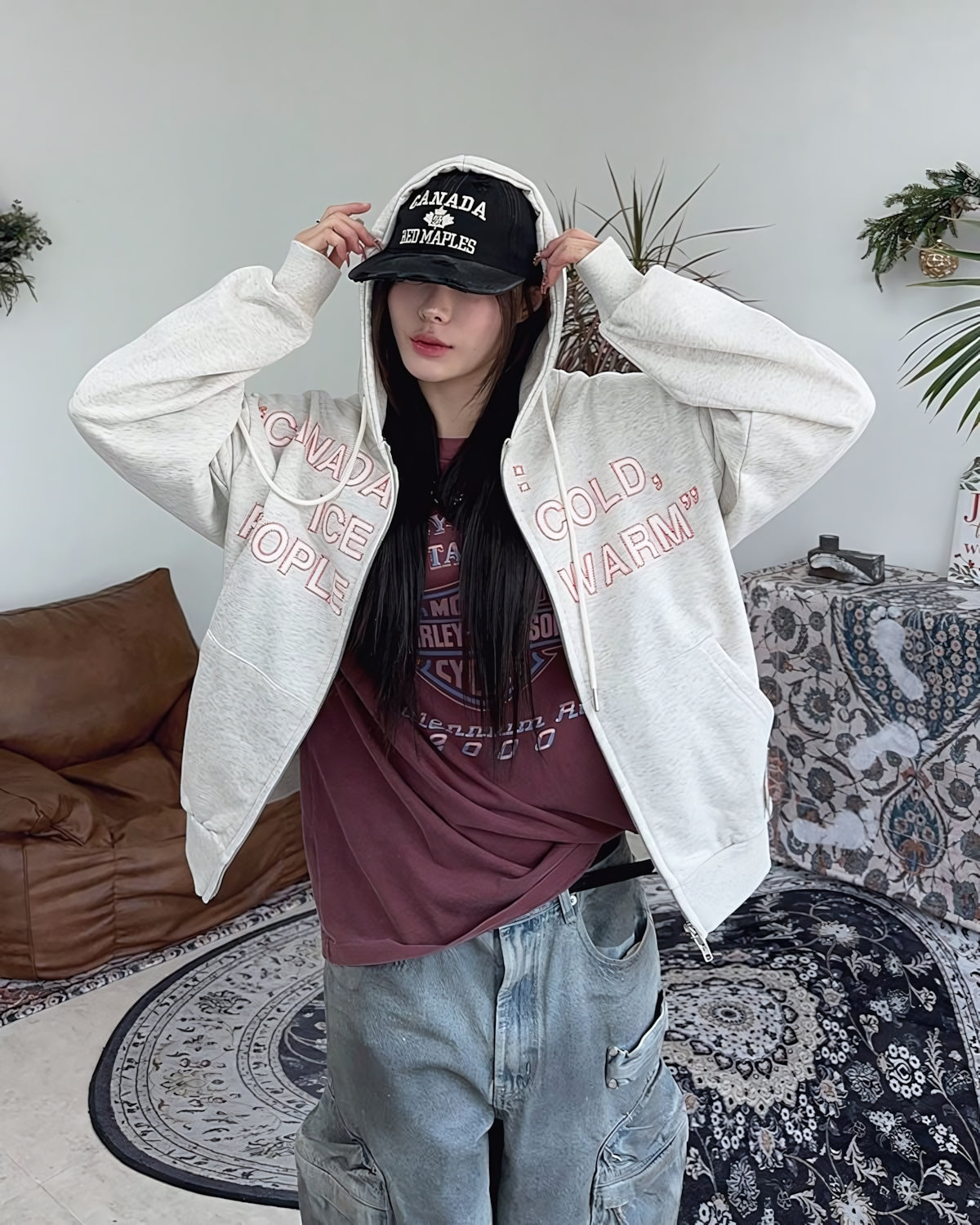 街頭 CANADA 加拿大印花 雙拉鍊 連帽 外套