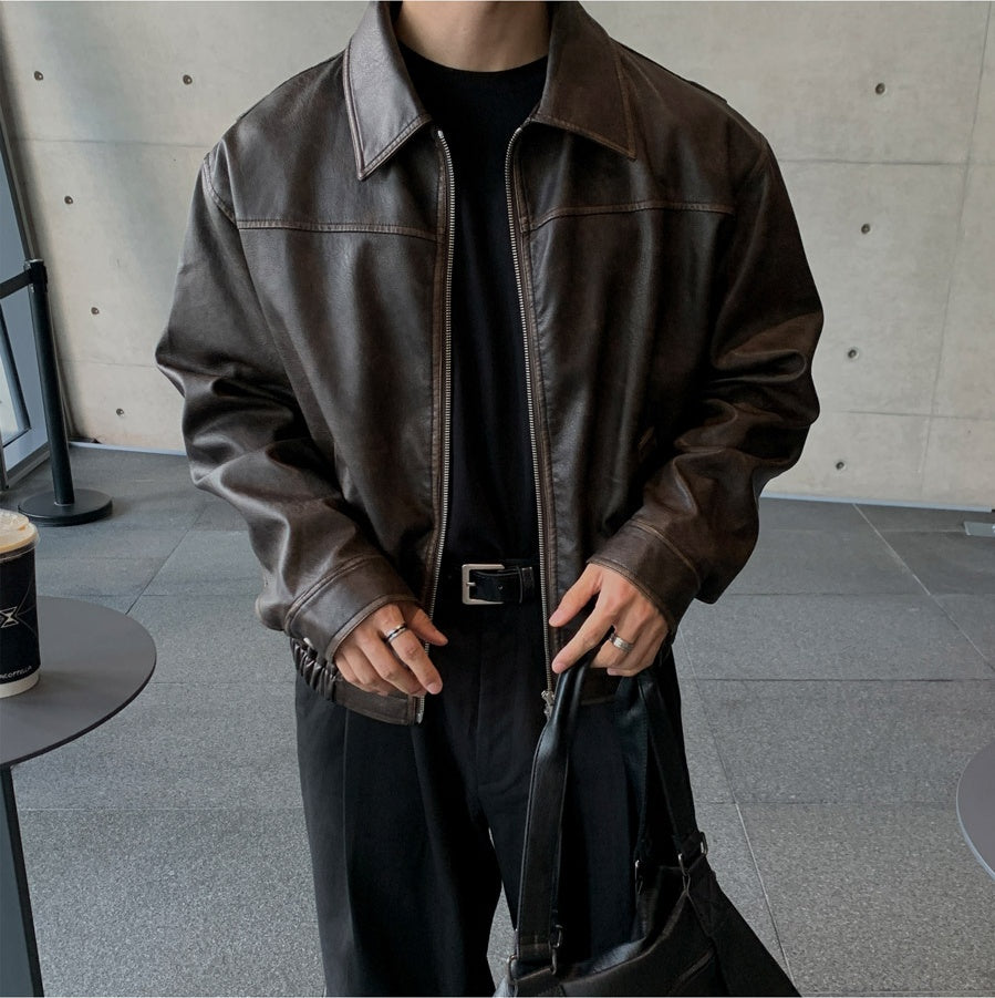 復古 仿舊 短版 皮革 雙拉鍊 皮外套 / 2色