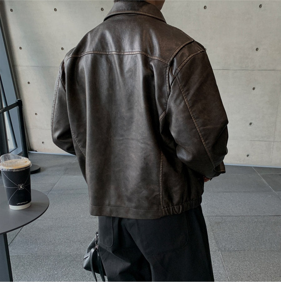 復古 仿舊 短版 皮革 雙拉鍊 皮外套 / 2色