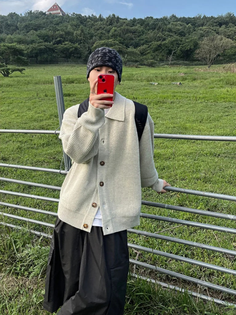 寬鬆 翻領 珍珠釦 針織 開襟衫 / 6色