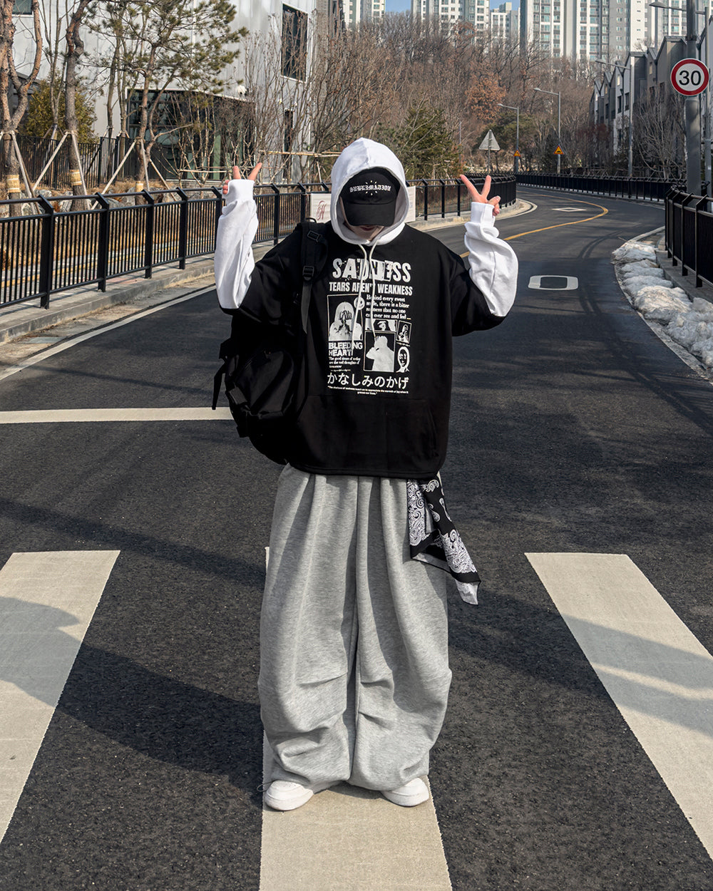 街頭 印花 拼色 假兩件 連帽 帽T / 3色