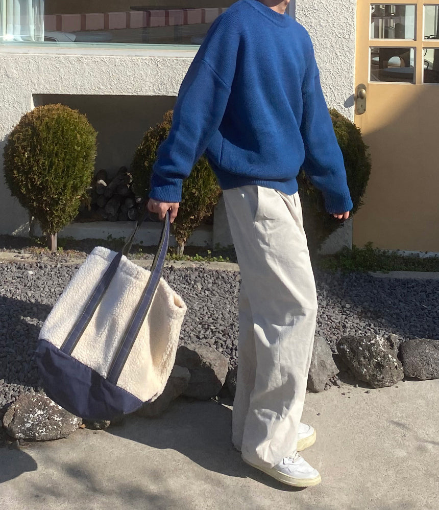 羊羔絨 拼接 帆布 寬底 肩背 托特包