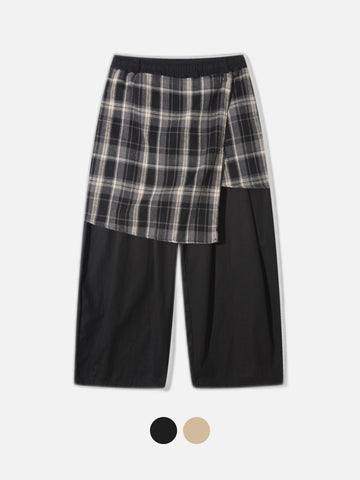 格紋層次 打摺 寬版 棉質 長褲 / 2色