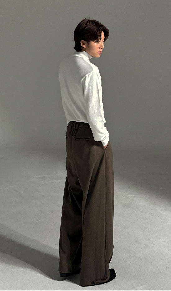 羊毛混紡 打褶 冬季 寬版 落地 西裝褲 / 2色