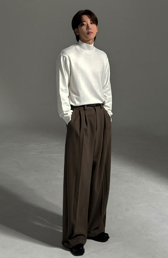 羊毛混紡 打褶 冬季 寬版 落地 西裝褲 / 2色