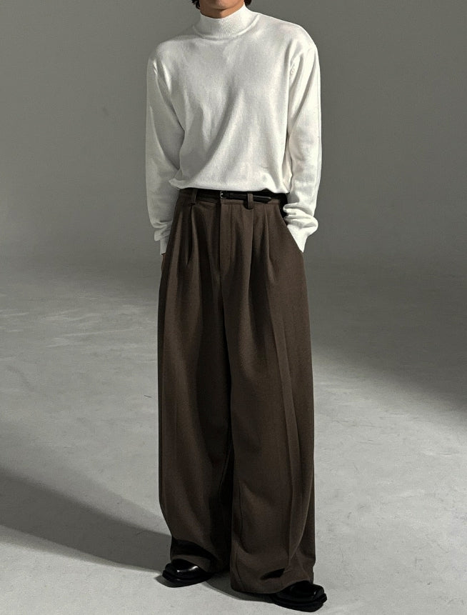 羊毛混紡 打褶 冬季 寬版 落地 西裝褲 / 2色