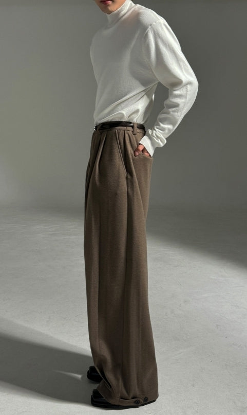 羊毛混紡 打褶 冬季 寬版 落地 西裝褲 / 2色