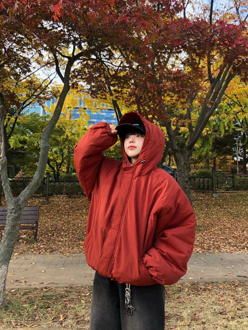 可調抽繩 雙拉鍊 極簡 寬鬆 連帽 羽絨外套 / 3色